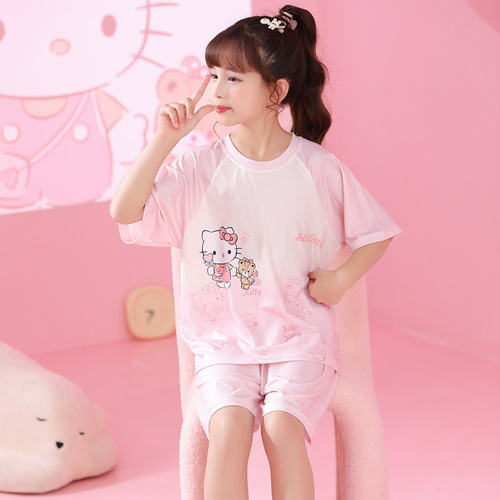 Girls pajamas summer ice silk short-sleeved thin children's suits summer mother-daughter parent-child home clothes for older children and girls