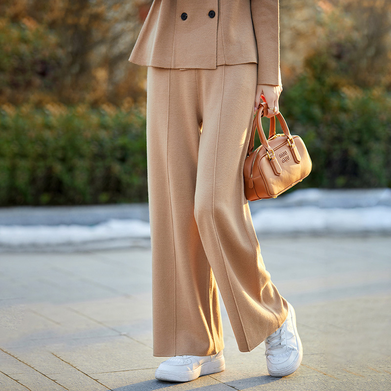 Women's High Waist Simple Solid Color Middle Stitch Knitted Wide Leg Pants Loose Casual Worsted Wool New Style Straight Trousers