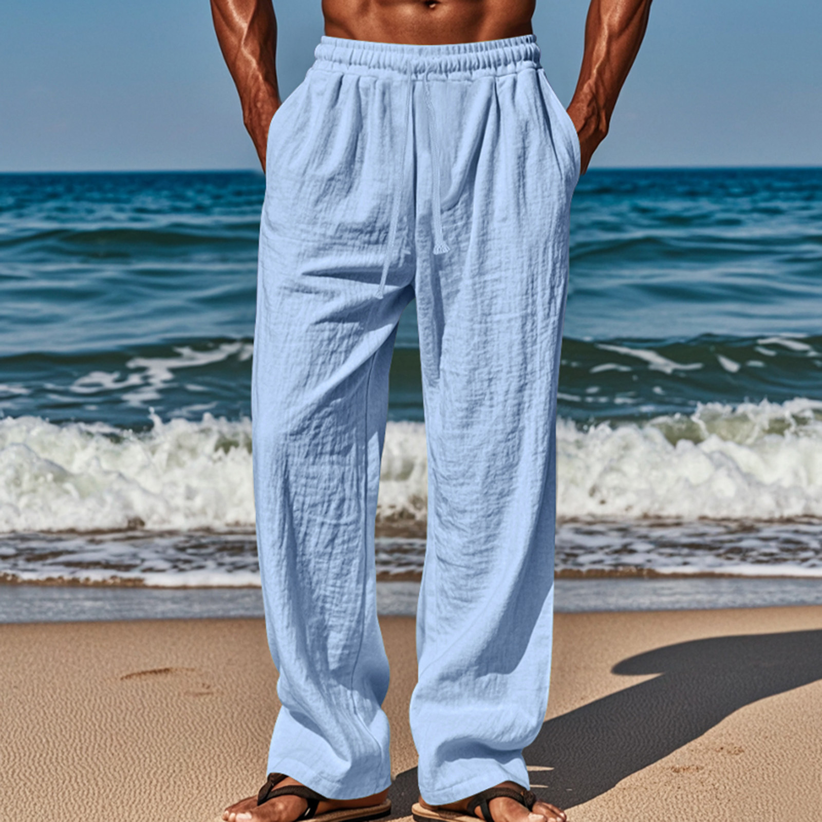 Europa y los Estados Unidos ventas transfronterizas calientes hombre lino de color sólido pantalones largos casuales sueltos sin quemar pantalones deportivos de piernas largas de verano delgados