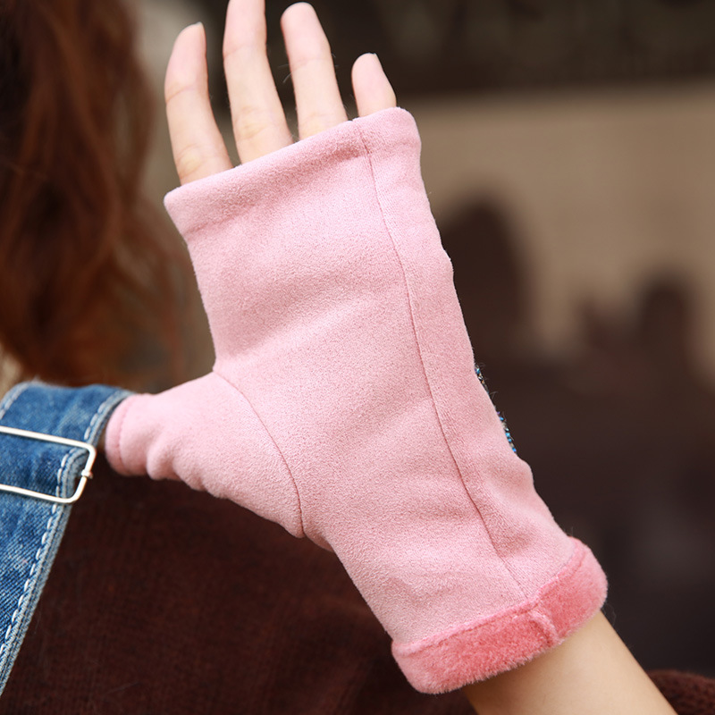 秋冬保暖半指卡通现货可爱手套粉色露指分指手套印花手套现货批发