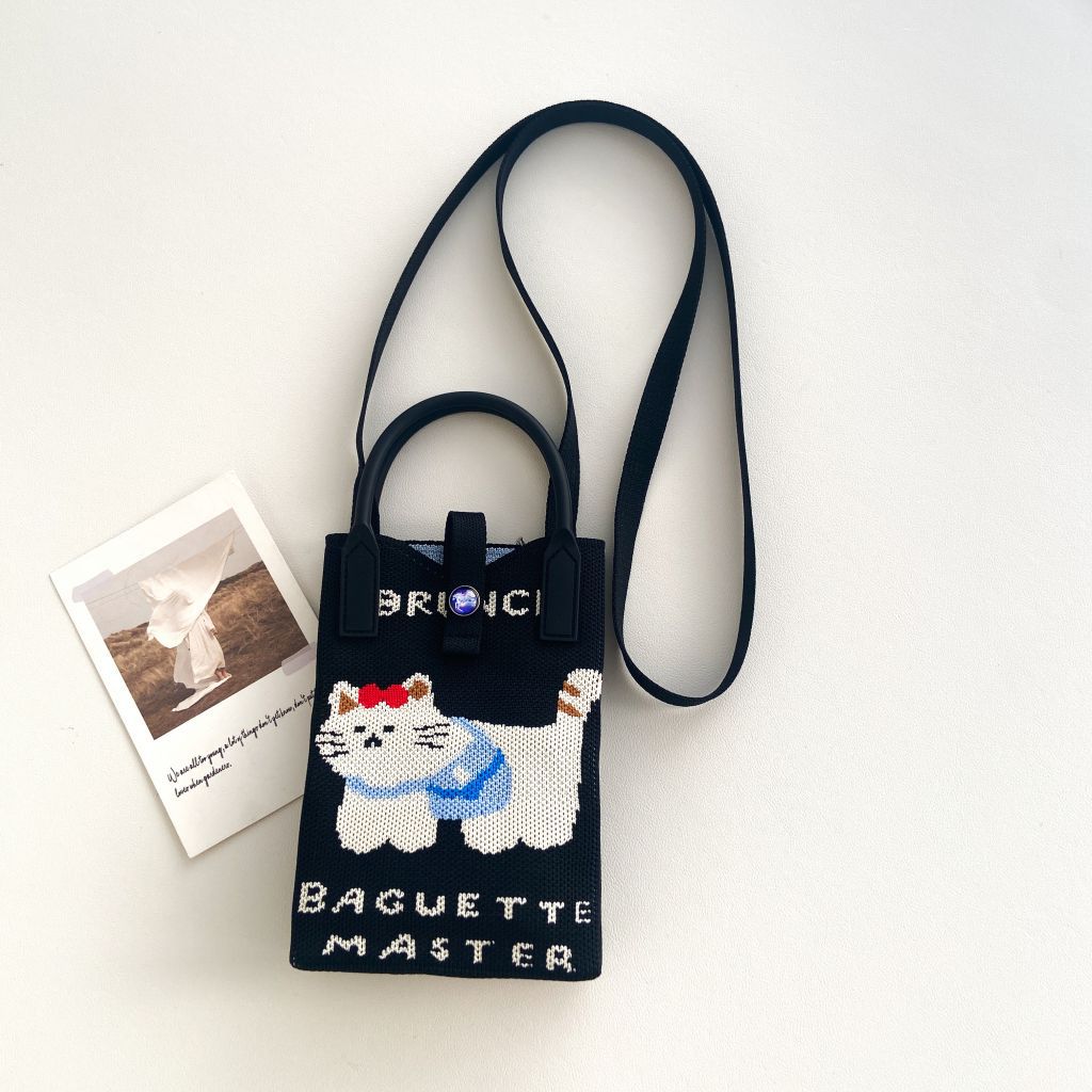 Bolso tejido para teléfono móvil con diseño único, mini bolso versátil con diseño de gato de la suerte, bolso cruzado para mujer, bolso de hombro.