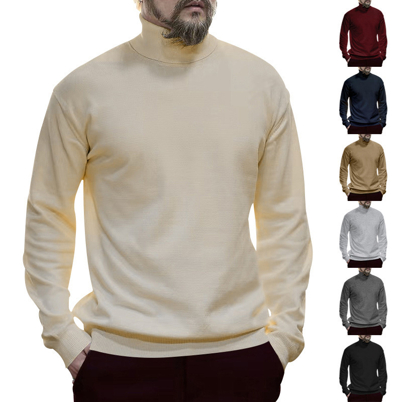 New Cross-border Independent Station Men's Cotton Turtleneck Base Sweater Autumn and Winter Men's Fashion Casual Solid Color Sweater