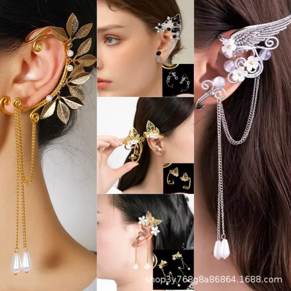 New Trendy Foreign Trade Clip-On Earrings Without Ear Holes, Creative Ear Cuffs, Handmade Ear Bone Clips, Cross-Border Tassel Cuff Earrings