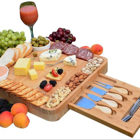 Spot transfronterizo al por mayor tablero de queso de bambú de doble cajón con cuchillo Juego de tablero de queso de madera de cuatro piezas