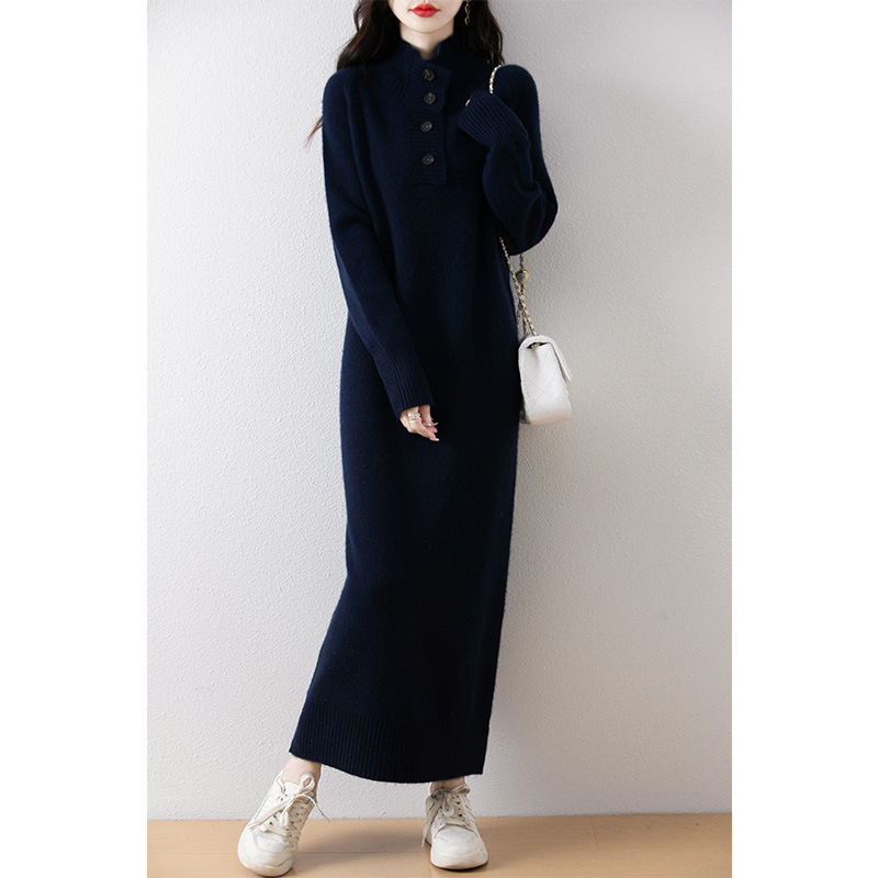 ウールワンピース レディース ロング丈 ゆったり カジュアル 体型カバー ニットワンピース 厚手 ハーフオープンカラー ボタン付き ロングワンピース