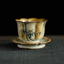仿古描金纯手绘青竹主人杯家用陶瓷个人专用杯复古风中式茶杯