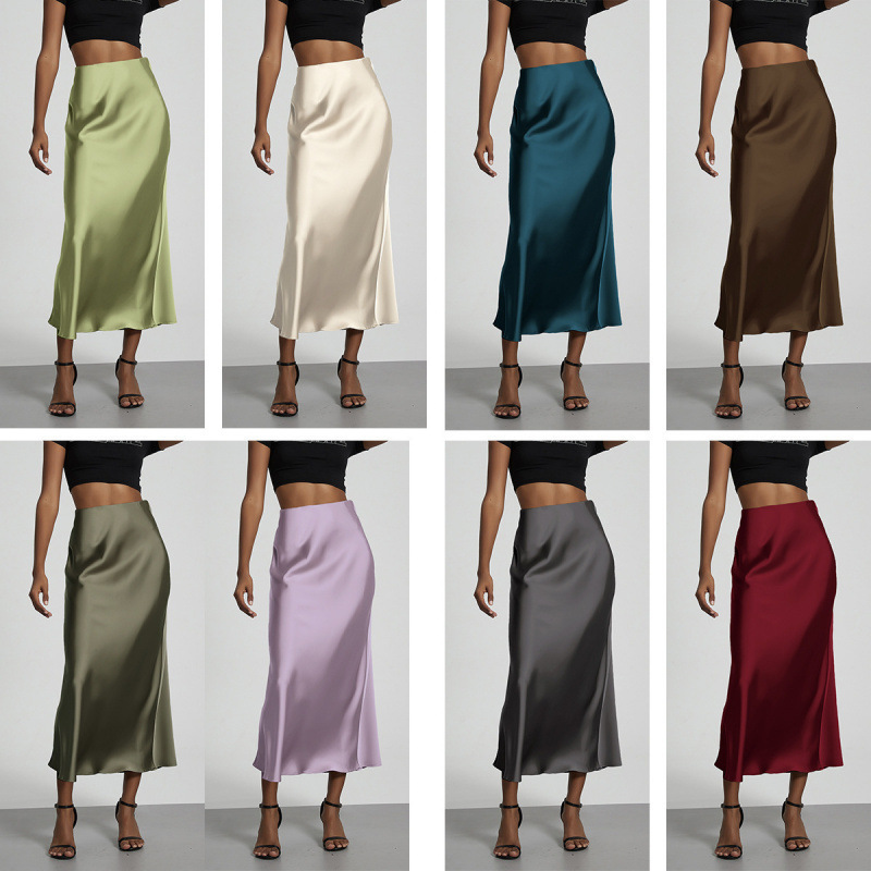 Women's satin skirt, cross-border foreign trade, European and American style, elegant and textured, slimming and smooth, mid-length skirt, Amazon Women's satin skirt, cross-border foreign trade, European and American style, elegant and textured, slimming and smooth, mid-length skirt, Amazon