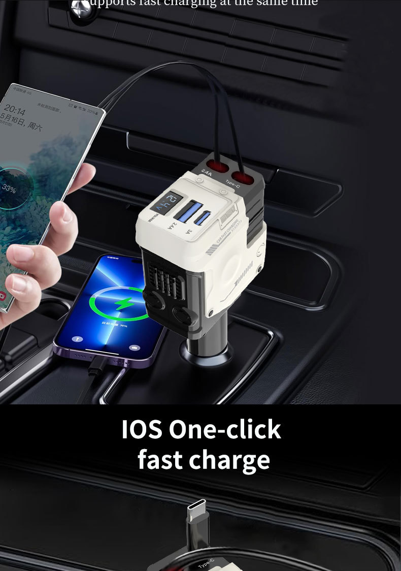 Mecha Car Charger 120W Super Fast Charging Car Mobile Phone Charger with Built-In Retractable Cable and Digital Display Car Charger