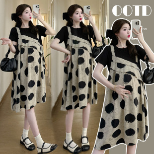 Real shot maternity 2024 summer new loose slim round neck point stitching fake two A- word dress