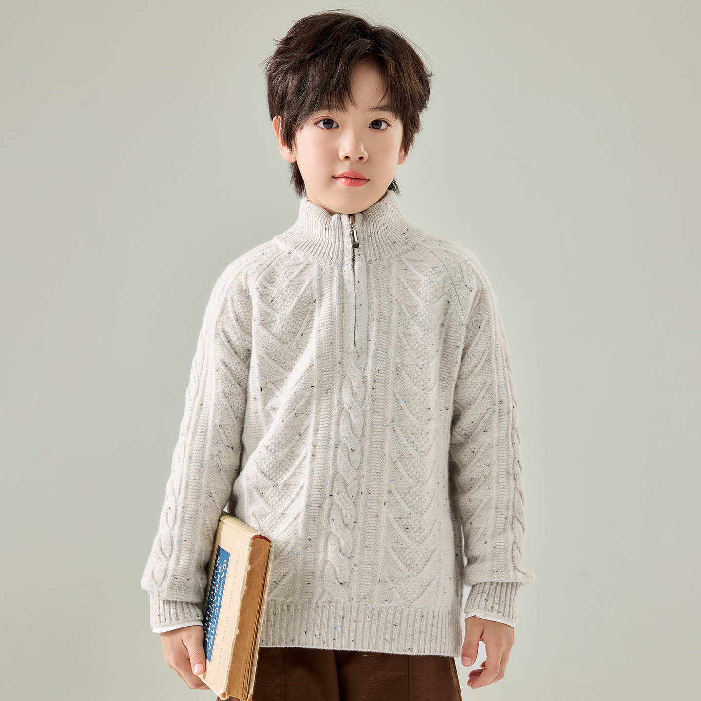 Children's wool sweater, boys and girls, half-zip stand-up collar cable knit sweater, autumn and winter, colorful thick pullover top for middle and large children.
