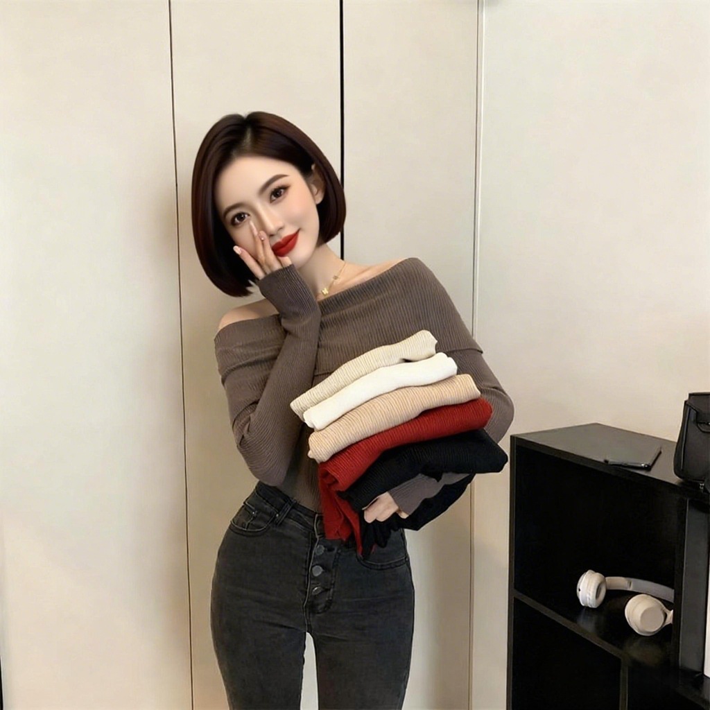 秋季针织衫女新款设计感小众一字肩打底衫2025网红爆款长袖上衣潮