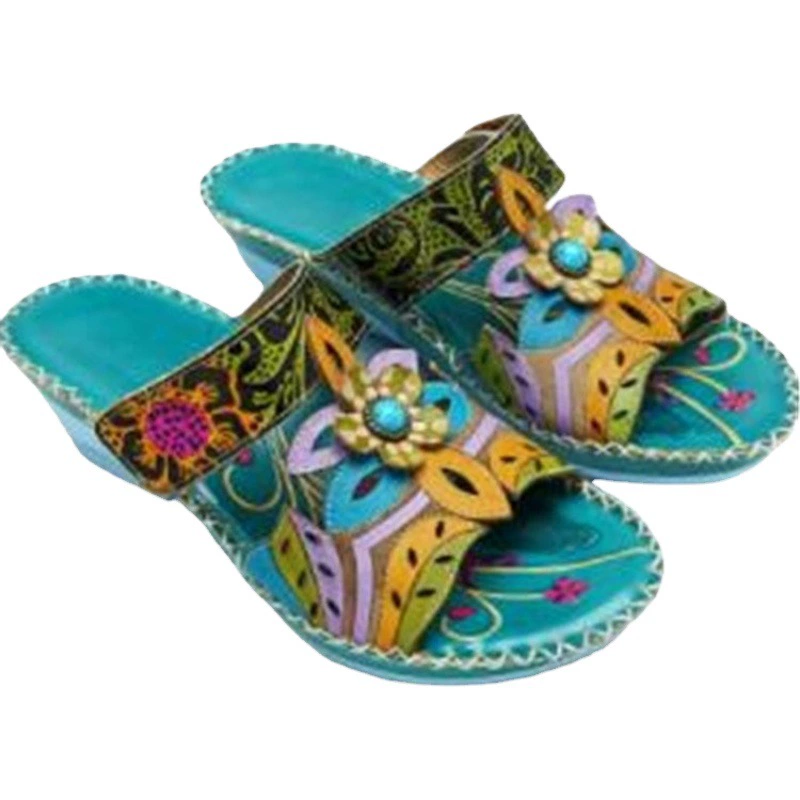 Женские сандалии в этническом стиле для международной торговли, новые летние сандалии на танкетке с цветными блоками и тотемным узором, большие размеры 43, женские сандалии размер 43.