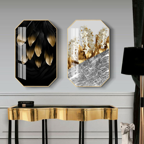 Octagonal decorative painting, modern living room hanging painting, simple dining room, Nordic gold leaf leaf, creative light luxury crystal porcelain mural