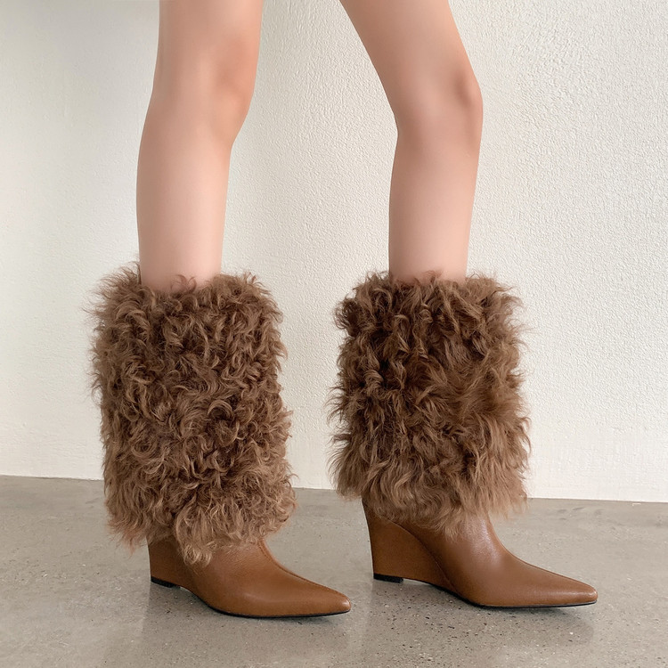 一靴二穿保暖毛毛翻边长靴法式牛皮尖头坡跟高跟靴时装毛毛短靴女