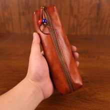 2024新款头层皮笔袋大容量收纳袋真皮眼镜包手工擦色复古拉链笔套