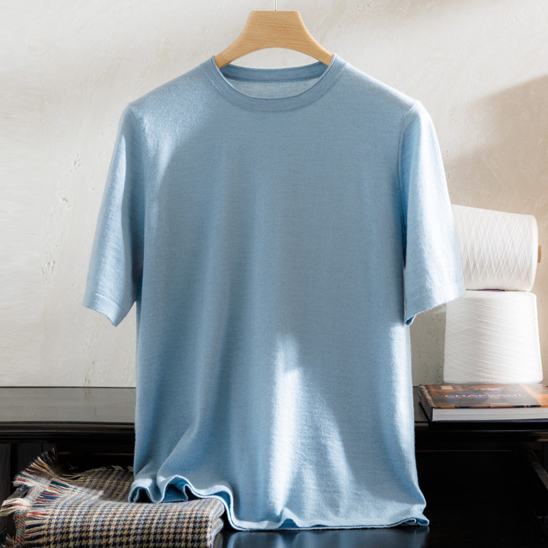 Can Be Worn in All Seasons 68-Count Worsted Pure Cashmere Short-Sleeved Men's Rolled Collar Thin Casual Knitwear Bottoming Knitwear