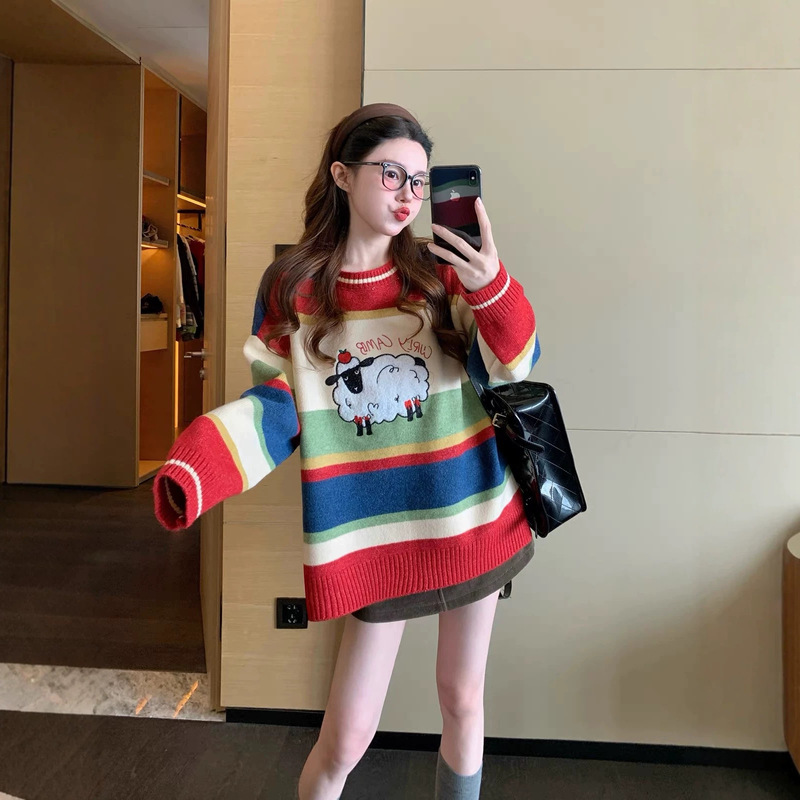 Cartoon Embroidered Little Sheep Sweater for Women 2026 New Autumn Winter Soft and Cozy Colorful Striped Round Neck Knit Top Cartoon Embroidered Little Sheep Sweater for Women 2026 New Autumn Winter Soft and Cozy Colorful Striped Round Neck Knit Top