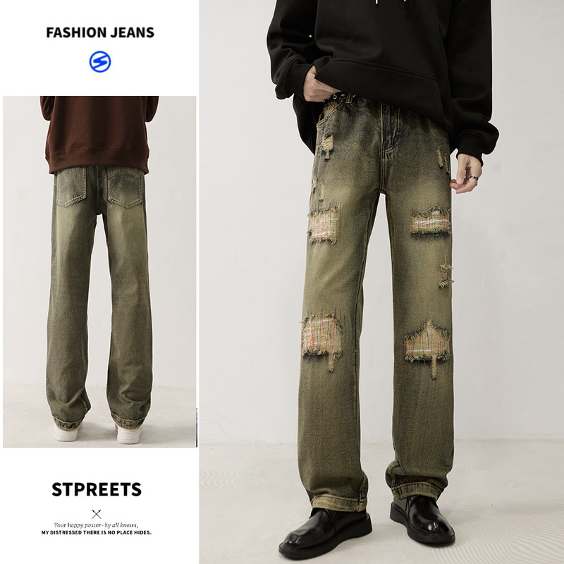 [Limited Price 99] Trendy Brand Handsome Street Ripped Jeans Retro Distressed Rust Denim Straight Long Pants
