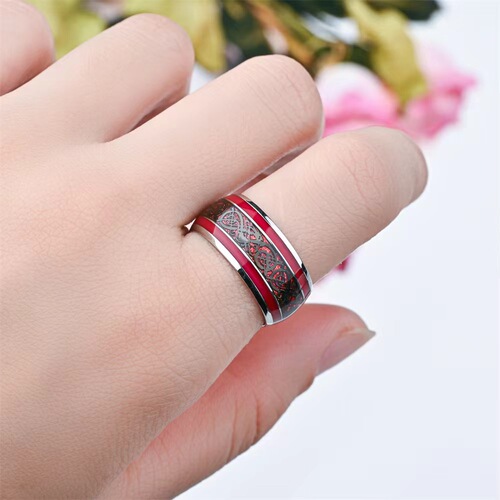 Cross-border Accessory Black Stainless Steel Red Base Dragon Pattern Ring European and American Fashion Men's Ring Wholesale