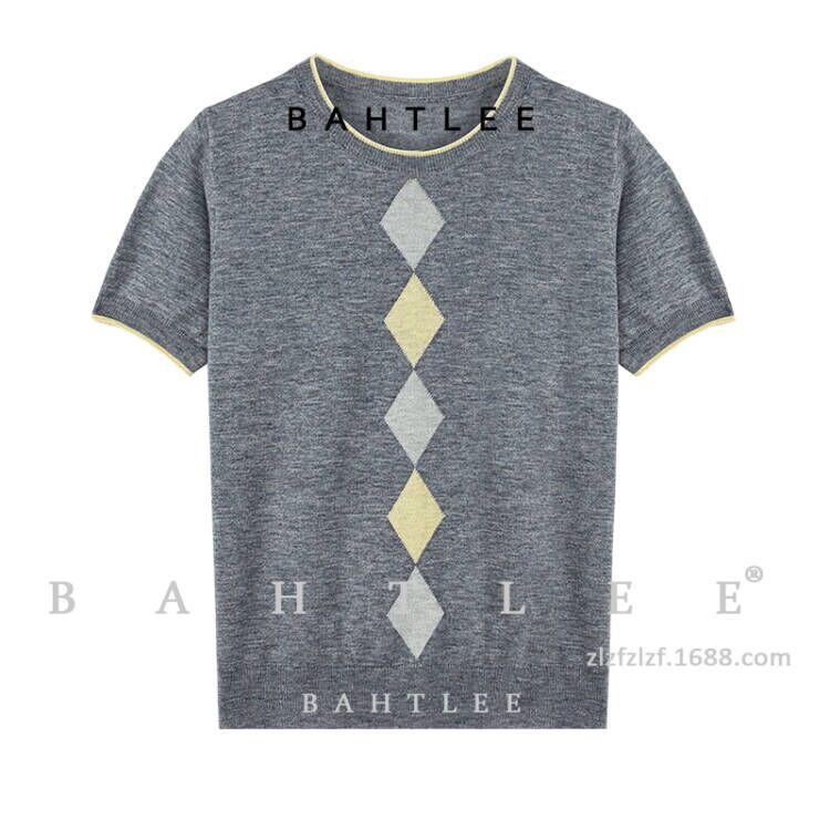 Summer Thin Australian Wool Miu Style Round Neck Knit Top with Simple Color-Blocking Diamond-Shaped Neckline, Slim-Fit Short Sleeve Top