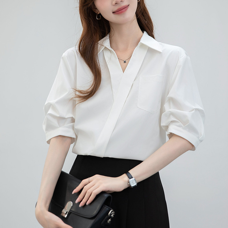 2026 New In-Stock White Stylish V-Neck Shirt for Women, Summer Interview Outfit, Short-Sleeve Top for Petite Sizes 2026 New In-Stock White Stylish V-Neck Shirt for Women, Summer Interview Outfit, Short-Sleeve Top for Petite Sizes