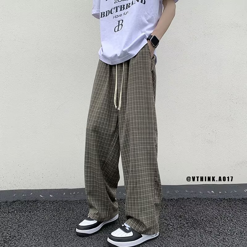 Japanese Style Retro Plaid Pants Men's Spring Vertical Straight Pants Trendy Brand Loose Large Size Wide Leg Casual Pants
