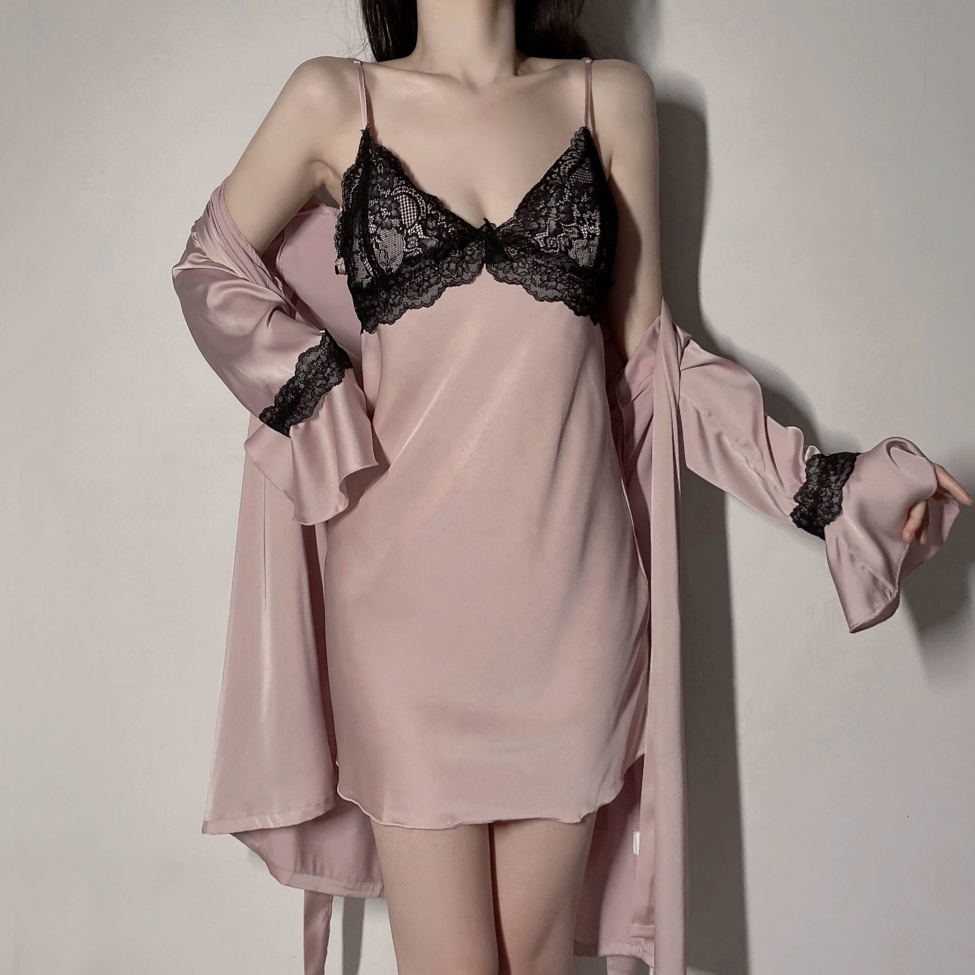 Spring summer pijama, bathrobe, long-sleeve, sexy silk set, lifting effect