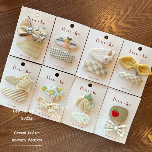 Korean new cream-colored fabric children's hair accessory bow hair clip with scattered hair, grid, solid color BB hair clip hairpin