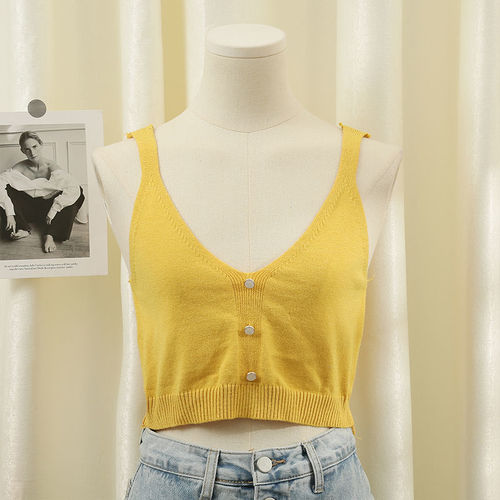  new versatile short three-button ice silk solid color vest for women spring and summer low-necked knitted halter top