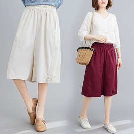 2022年夏季新款五分裤阔腿裤复古棉麻纯色休闲裤女