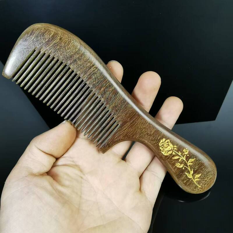 金糸檀木描金櫛彩色絵金円柄レタリングレディースロングヘア櫛ギフトプレゼントホノルル木櫛|undefined