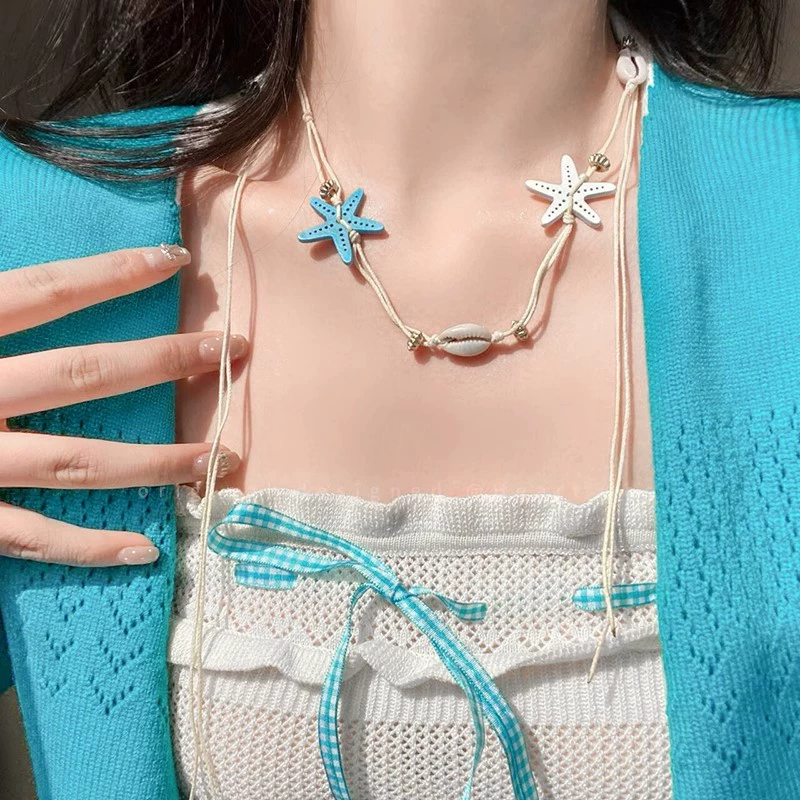 Стиль отдыха на море ins Girl Vitality, тканое ожерелье в виде ракушки, синяя морская звезда, доступная роскошная нишевая милая цепочка на ключицу