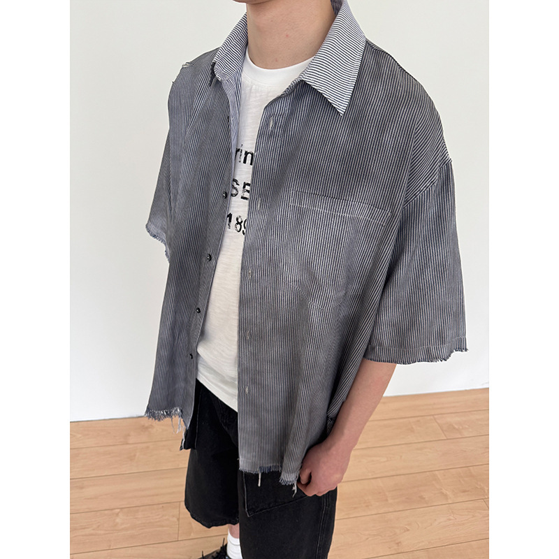 Fudole Xouwse Retro Raw Edge Brushed Stripesd Short-Sleeved Shirt for Men and Women Cleanfit Shirt Rc193