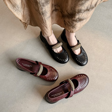 温莎之恋~ 法式复古真皮铆钉玛丽珍鞋女平底圆头浅口配裙子单鞋春