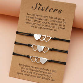 跨境专供sister卡片手链 欧美创意不锈钢镂空心形蜡线编织手饰品