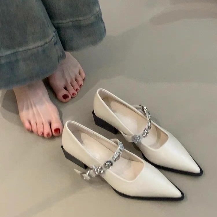 羊皮版~法式尖头玛丽珍女鞋气质金属扣一字带粗跟单鞋浅口高跟鞋