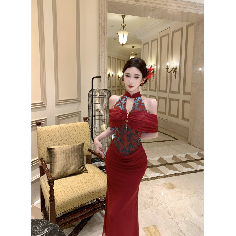 New Chinese-Style Improved Cheongsam with Stand Collar, Velvet Lace Splicing, Mesh Waist-Cinching Slimming Dress, Fishtail Gown