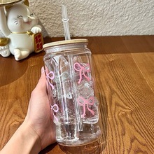 跨境代发16oz亚马逊可乐蝴蝶结梅森杯吸管饮料咖啡杯竹盖情人伴手