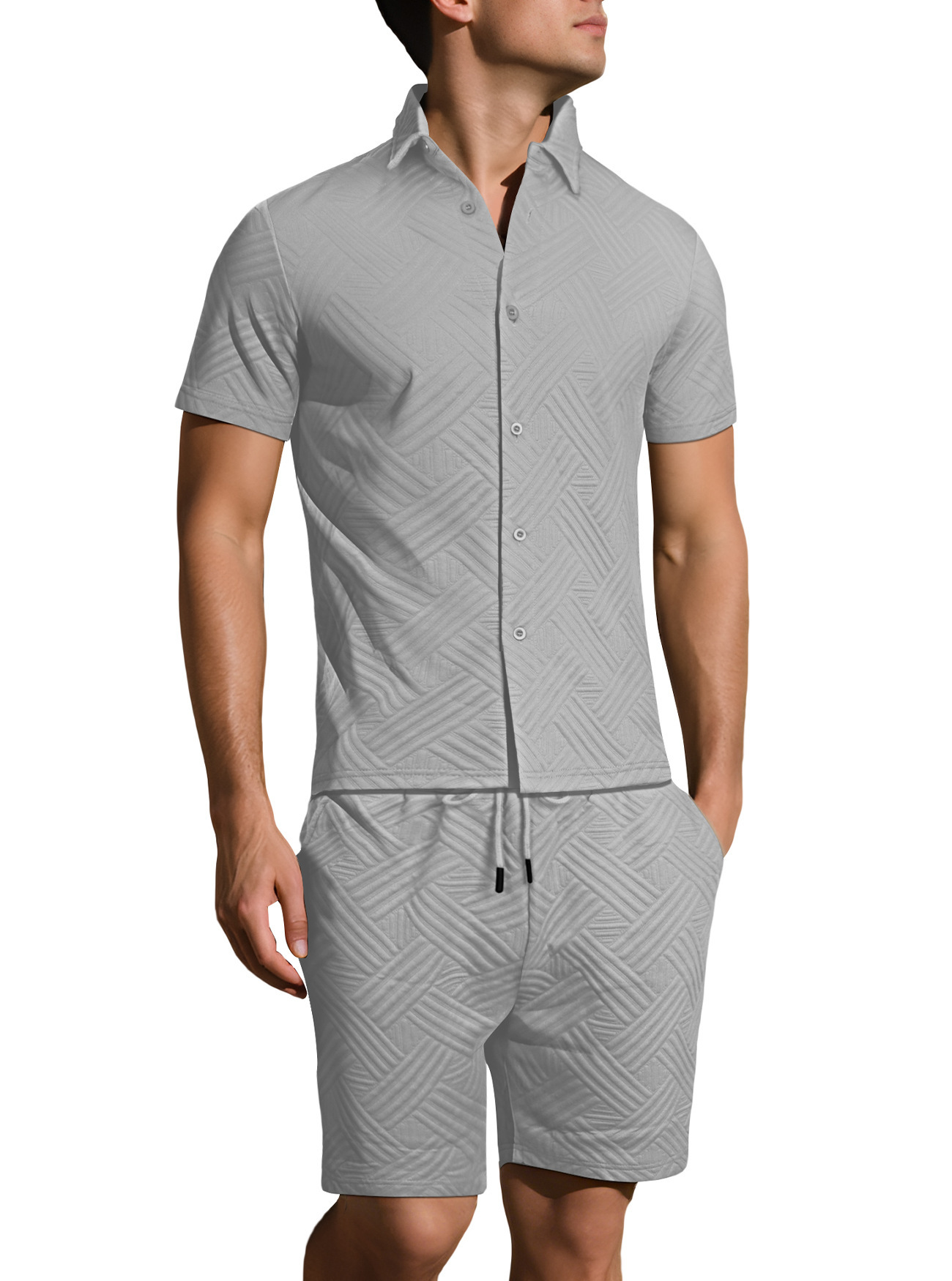 Oferta de verano transfronteriza de Amazon: Nuevo conjunto de dos piezas para hombre, camisa jacquard de color sólido y pantalones cortos casuales de manga corta.