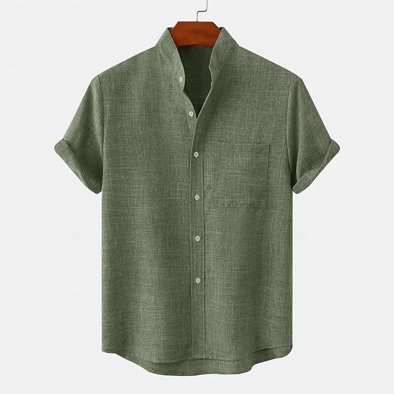 Cross-Border Independent Site Men's Linen Shirt Half-Open Button-Down Stand Collar Solid Color Short-Sleeve Shirt Cross-Border Independent Site Men's Linen Shirt Half-Open Button-Down Stand Collar Solid Color Short-Sleeve Shirt