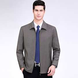 春秋季新款男式夹克中年男士翻领商务休闲羊毛料绅士茄克外套男