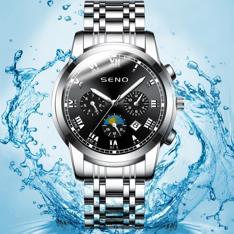 SENO casual Sun Moon Star reloj de cuarzo para hombre calendario impermeable luminoso reloj de acero inoxidable entrega de una pieza