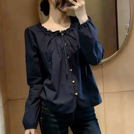 韩版木耳边圆领系带长袖衬衫女春装时尚复古小众气质百搭显瘦上衣