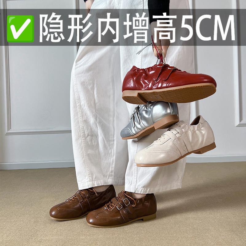Sheepskin Version ~5Cm Internal Height Increase Square-Toe Genuine Leather Double Buckle Lace-Up Casual Leather Ballet-Style German Training Shoes Women's Racing Shoes Sheepskin Version ~5Cm Internal Height Increase Square-Toe Genuine Leather Double Buckle Lace-Up Casual Leather Ballet-Style German Training Shoes Women's Racing Shoes