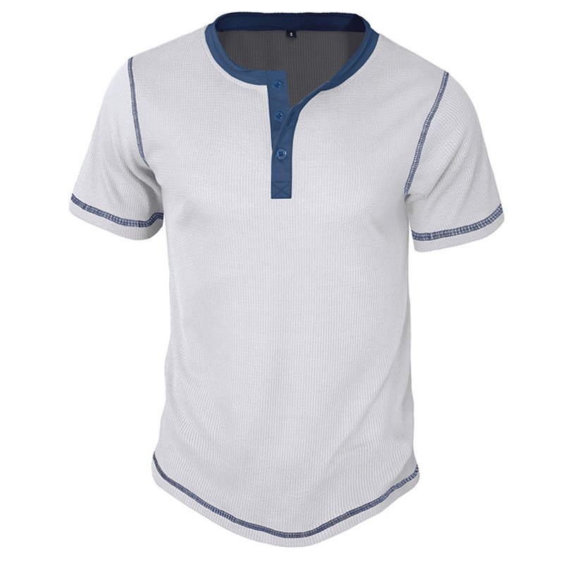 Herren 2023 Sommer Kurzarm Henley Shirt Schönes lässiges Retro T-Shirt Waffel Farbblock Rundhalsshirt_voghion.com