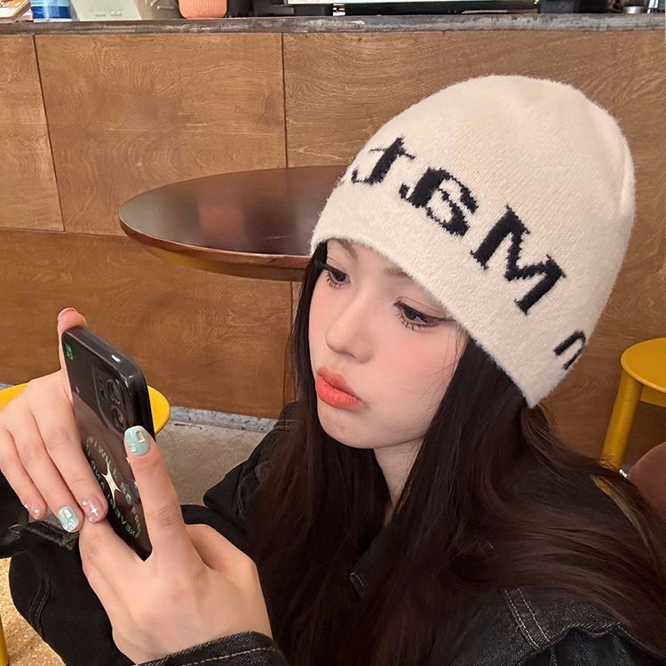 matink 韓国帽子ウール帽子秋と冬ニットストリートファッションクールな女の子大きな頭囲顔小さなトレンディな防寒帽子|undefined