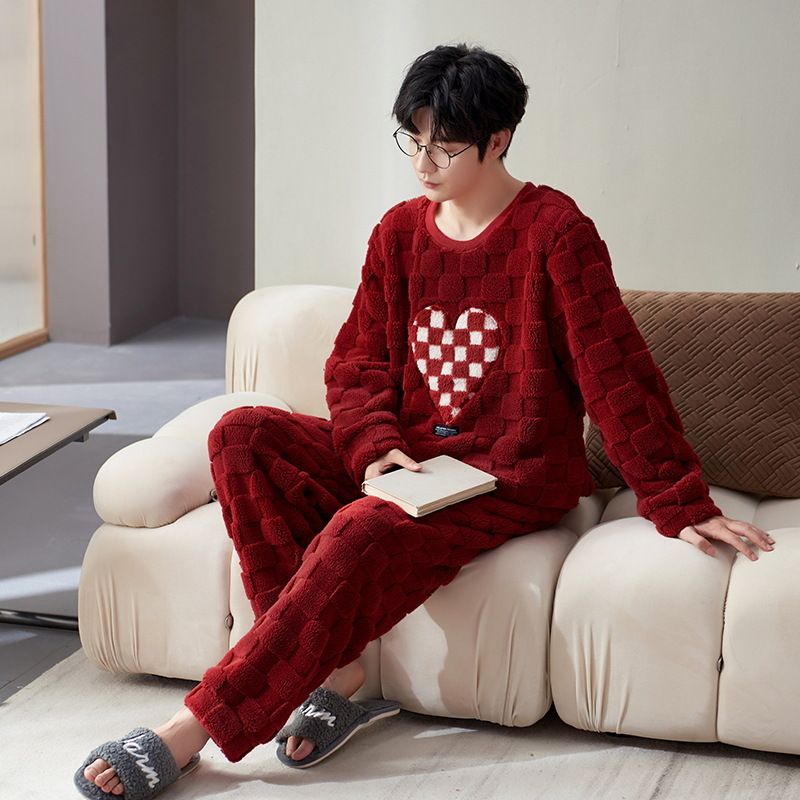 Pijamas de hombre Otoño e Invierno de los hombres de lana de coral de franela de invierno de la boda roja ropa para el hogar invierno