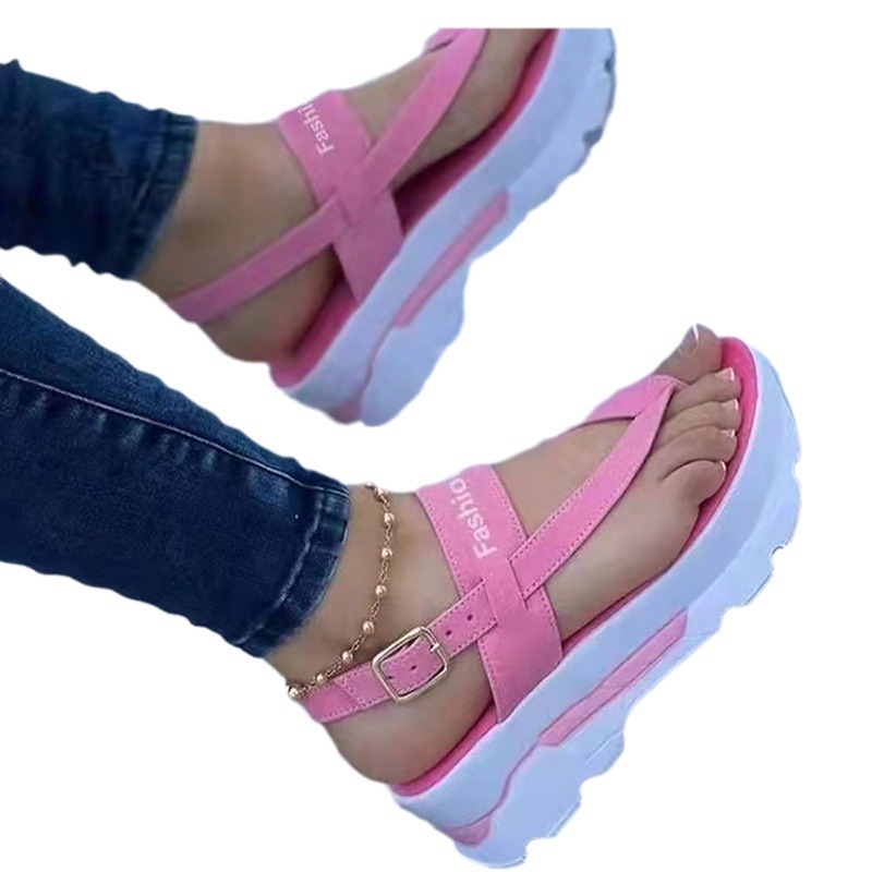 Plus Size Damen Dicker Boden Keil Beliebte One Strap Runde Zehen Volltonfarbe Lässige Damensandalen_voghion.com