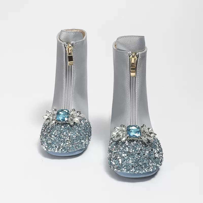 儿童公主靴2024秋冬新款女童靴子小女孩爱莎水晶短靴加绒软底皮靴