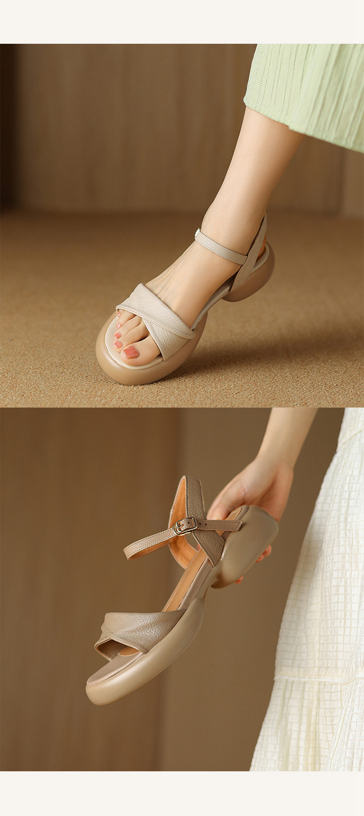 Sandal nữ da cừu đế dày gót thô hở ngón quai ngang phong cách La Mã — Màu trắng be chi tiết 8